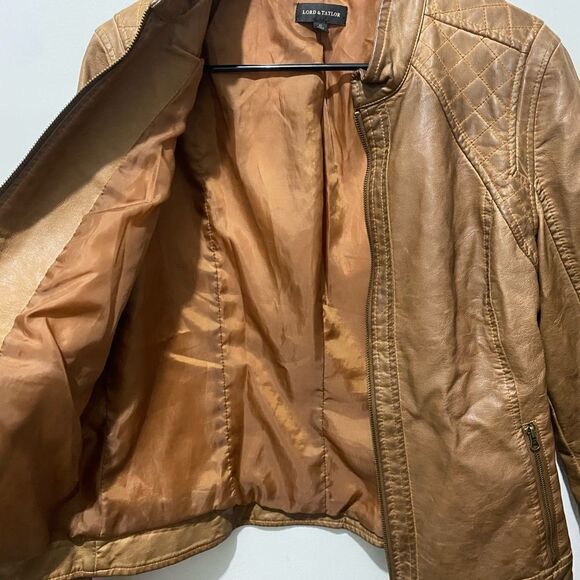 Lord & Taylor Brown Faux Leather Moto Bomber Jacket with Quilted Shoulders - Picture 3 of 6